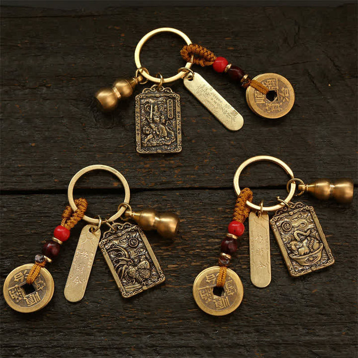 Buddha Stones Copper Chinese Zodiac Five Emperor Coins Gourd Protection Keychains - image 29