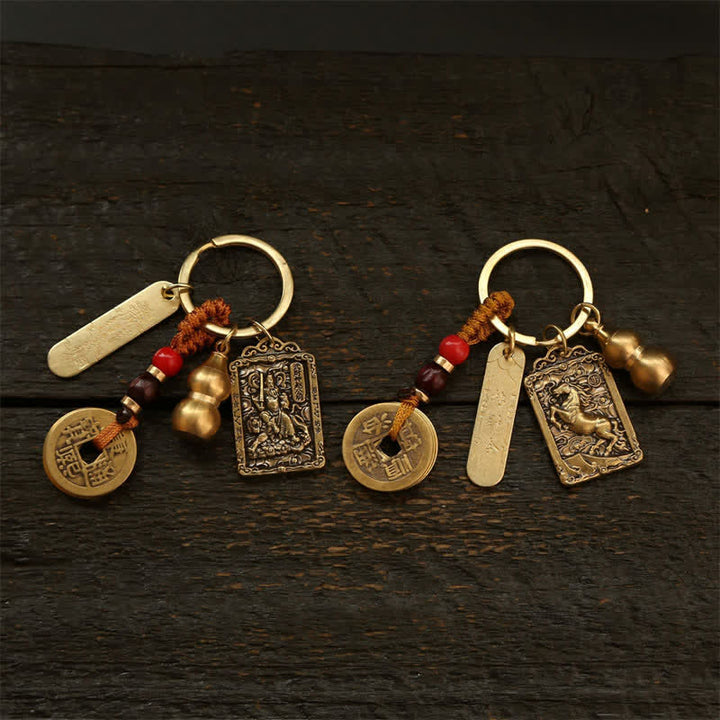 Buddha Stones Copper Chinese Zodiac Five Emperor Coins Gourd Protection Keychains - image 16