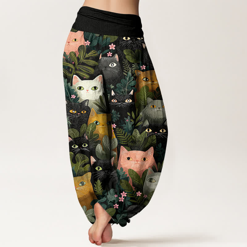 Buddha Stones Cotton Cartoon Cat Leaf Pattern Women's Elastic Waist Harem Pants - image 2