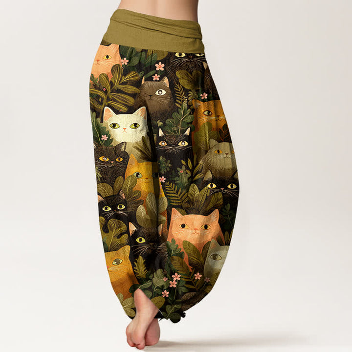 Buddha Stones Cotton Cartoon Cat Leaf Pattern Women's Elastic Waist Harem Pants - image 7