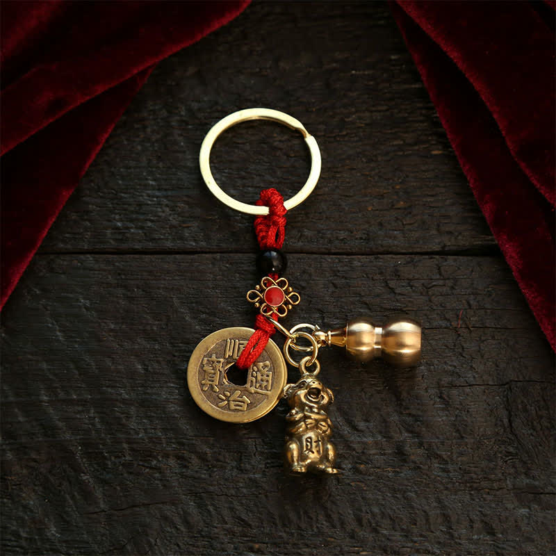 Buddha Stones Copper Chinese Zodiac Five Emperor Coins Gourd Wealth Keychains - Pig - image 19