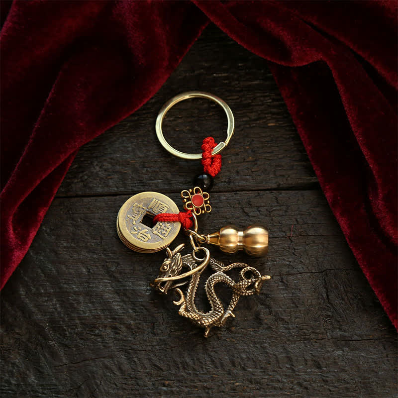 Buddha Stones Copper Chinese Zodiac Five Emperor Coins Gourd Wealth Keychains - Dragon - image 12
