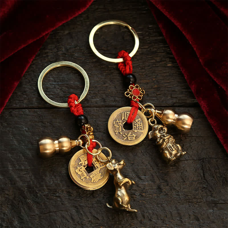 Buddha Stones Copper Chinese Zodiac Five Emperor Coins Gourd Wealth Keychains - image 21