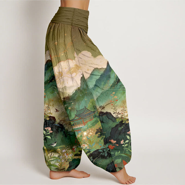 Buddha Stones Cotton Mountain Pavilion Sun Pattern Women's Elastic Waist Harem Pants - image 6