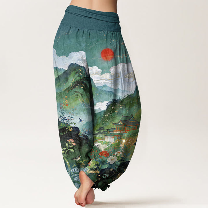 Buddha Stones Cotton Mountain Pavilion Sun Pattern Women's Elastic Waist Harem Pants - image 10