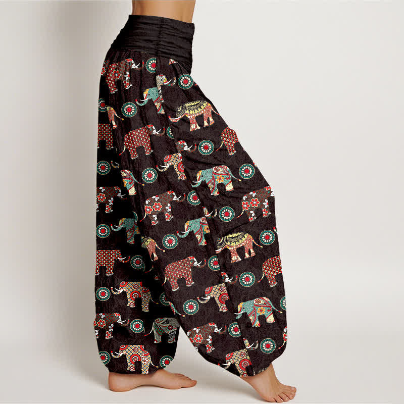 Buddha Stones Cotton Elephant Mandala Pattern Women's Elastic Waist Harem Pants - image 1