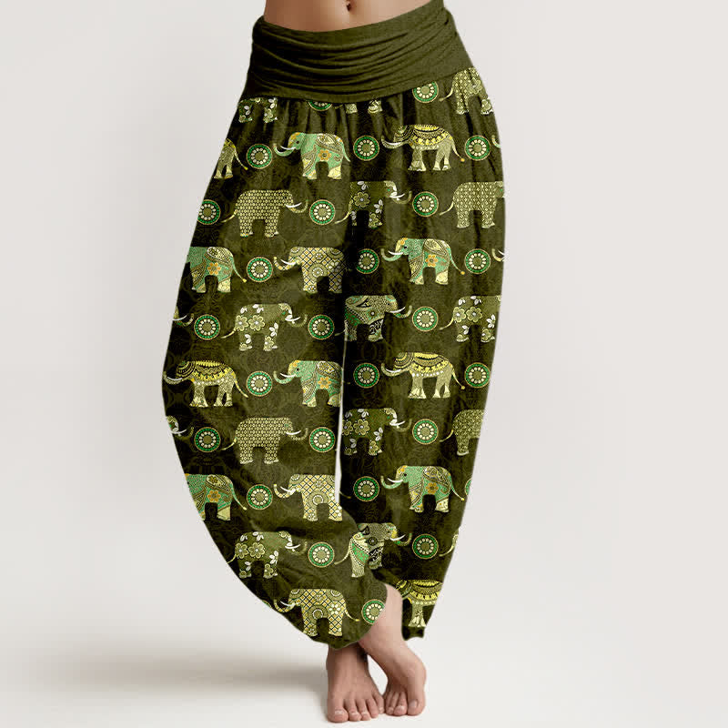 Buddha Stones Cotton Elephant Mandala Pattern Women's Elastic Waist Harem Pants - DarkOliveGreen - US16，UK/AU20，EU48 (3XL) - image 5