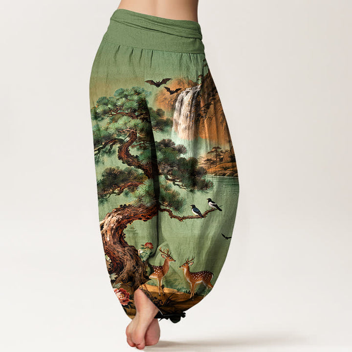 Buddha Stones Cotton Mountain Pine Deer Pattern Women's Elastic Waist Harem Pants - image 2