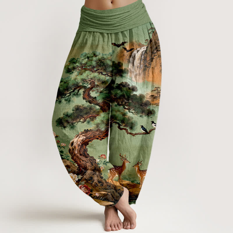 Buddha Stones Cotton Mountain Pine Deer Pattern Women's Elastic Waist Harem Pants - SeaGreen - US16，UK/AU20，EU48 (3XL) - image 0