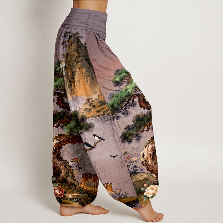 Buddha Stones Cotton Mountain Pine Deer Pattern Women's Elastic Waist Harem Pants - image 6