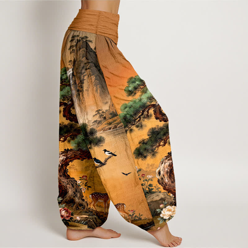 Buddha Stones Cotton Mountain Pine Deer Pattern Women's Elastic Waist Harem Pants - image 9