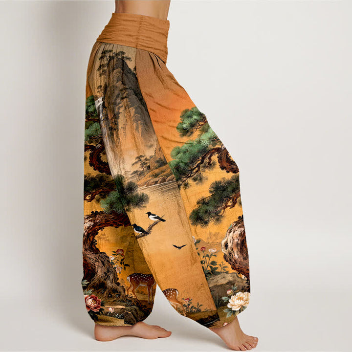 Buddha Stones Cotton Mountain Pine Deer Pattern Women's Elastic Waist Harem Pants - image 9