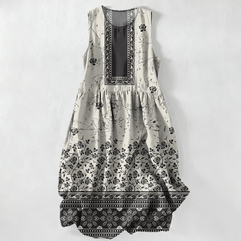 Buddha Stones Summer Casual Vintage Floral Border Pattern Women's Summer Sleeveless Midi Dress With Pockets - Ivory - US16，UK/AU20，EU48 (3XL) - image 0