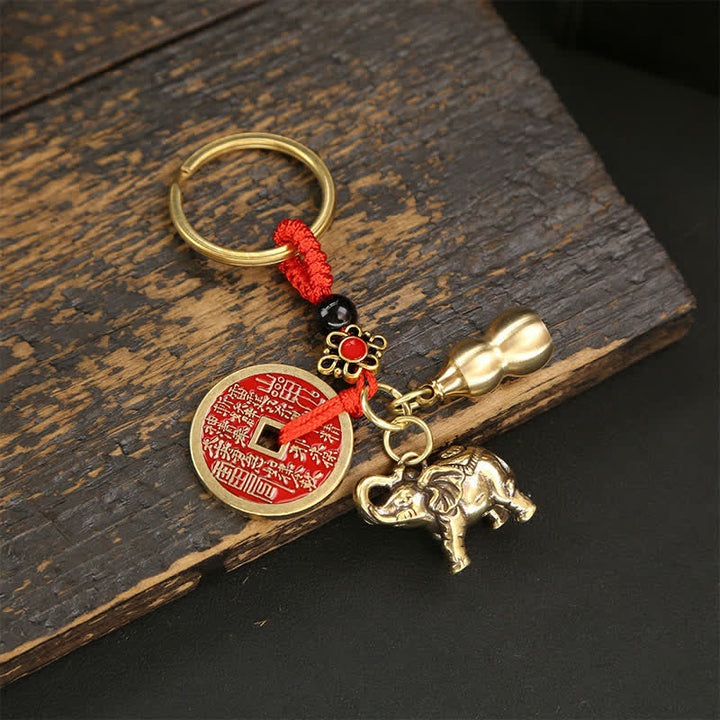Buddha Stones Brass Elephant Five Emperor Coins Gourd Pi Xiu Wisdom Keychains - Red Cord Gourd - image 13