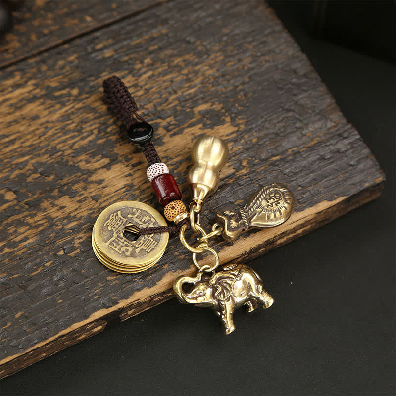 Buddha Stones Brass Elephant Five Emperor Coins Gourd Pi Xiu Wisdom Keychains - Coins Money Bag Gourd - image 1
