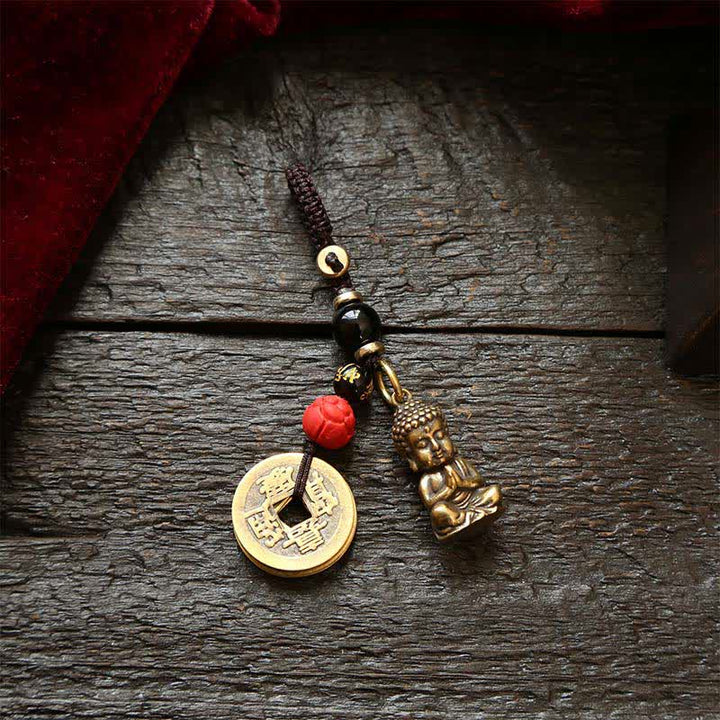 Buddha Stones Brass Buddha Five Emperor Coins Braided Cord Compassion Keychains - Five Emperor Coins - image 8