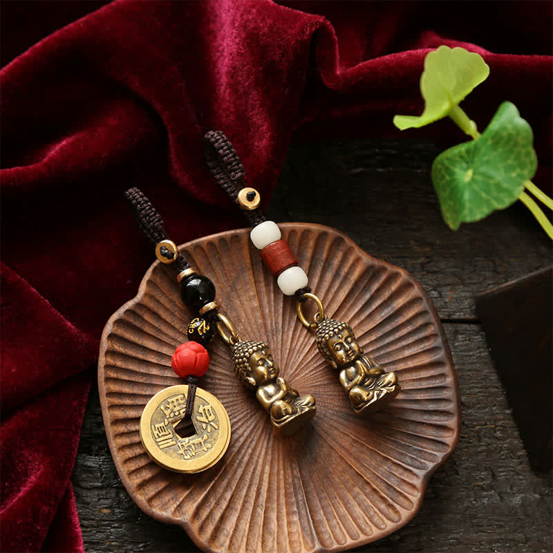 Buddha Stones Brass Buddha Five Emperor Coins Braided Cord Compassion Keychains - image 18