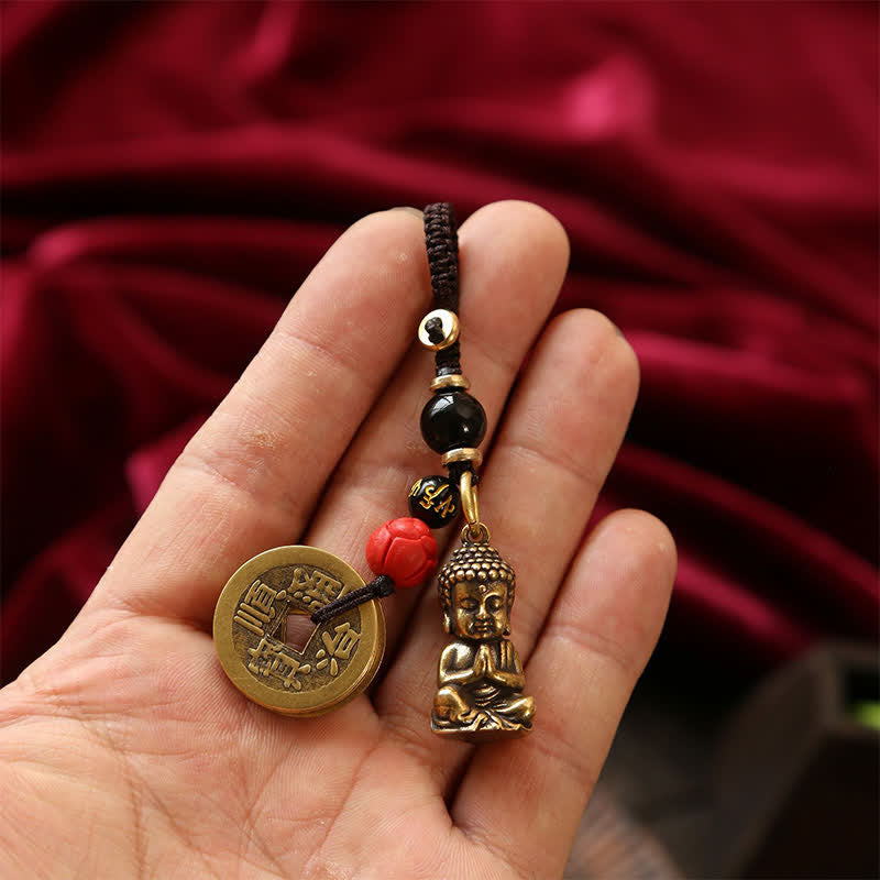 Buddha Stones Brass Buddha Five Emperor Coins Braided Cord Compassion Keychains - image 15