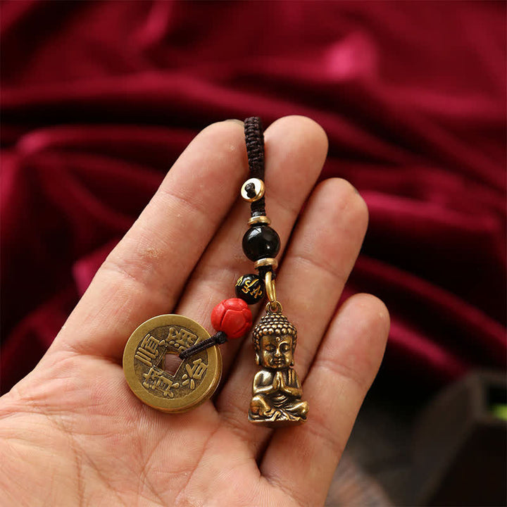 Buddha Stones Brass Buddha Five Emperor Coins Braided Cord Compassion Keychains - image 15