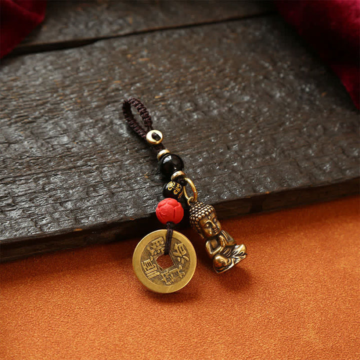 Buddha Stones Brass Buddha Five Emperor Coins Braided Cord Compassion Keychains - image 10
