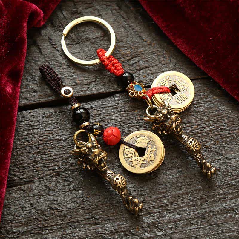 Buddha Stones Brass Dragon Ruyi Five Emperor Coins Success Keychains - image 0