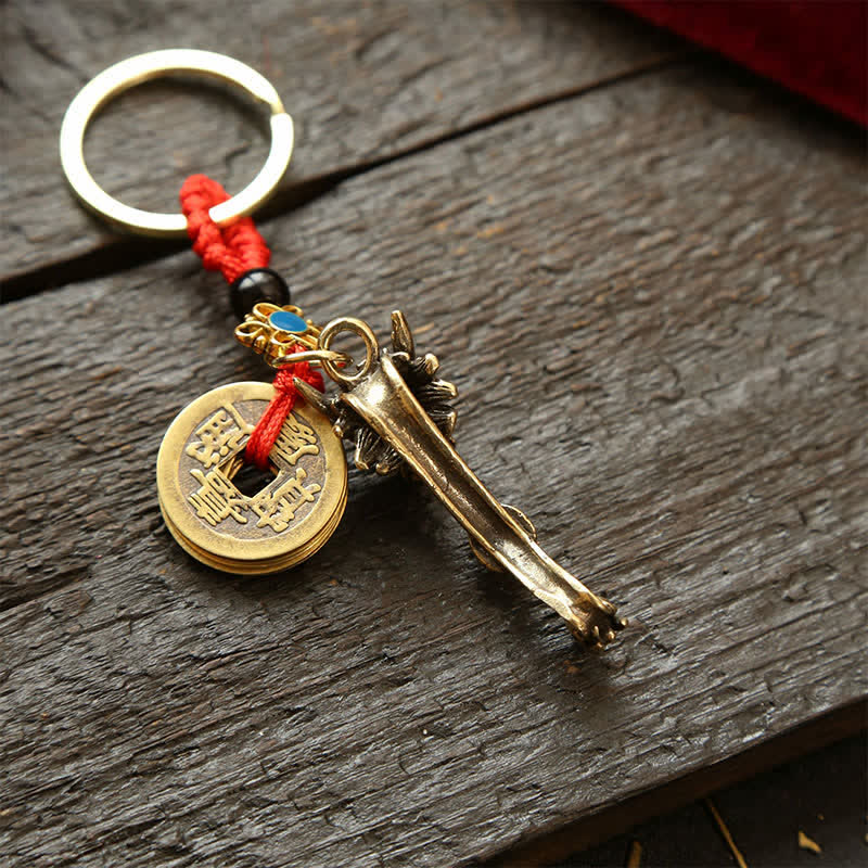 Buddha Stones Brass Dragon Ruyi Five Emperor Coins Success Keychains - image 2