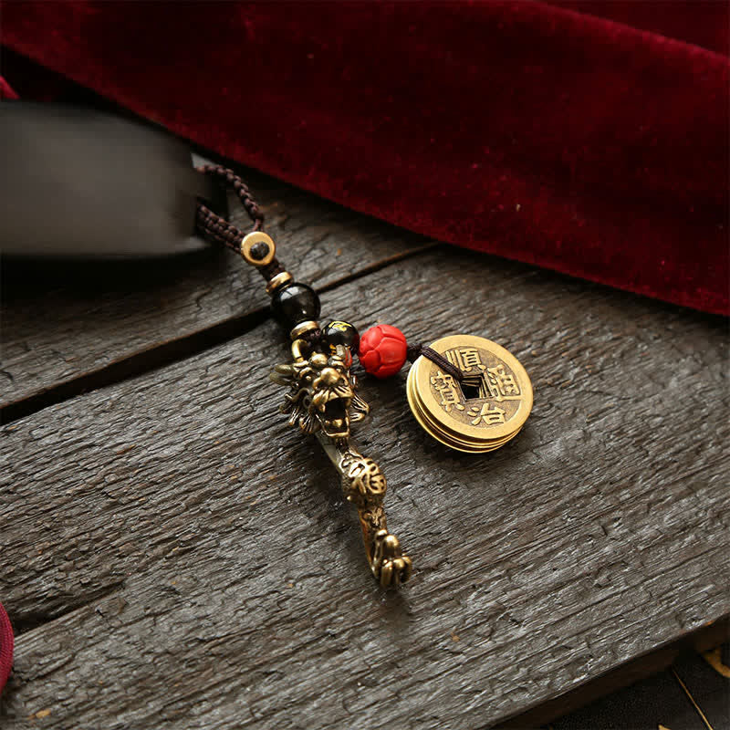 Buddha Stones Brass Dragon Ruyi Five Emperor Coins Success Keychains - image 10