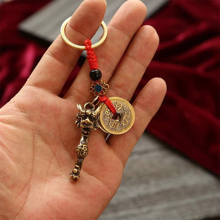 Buddha Stones Brass Dragon Ruyi Five Emperor Coins Success Keychains - image 4