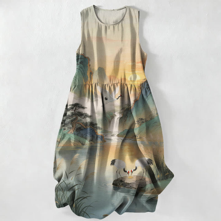 Buddha Stones Summer Casual Crane Waterfall Landscape Pattern Women's Summer Sleeveless Midi Dress With Pockets - Gainsboro - US16，UK/AU20，EU48 (3XL) - image 0