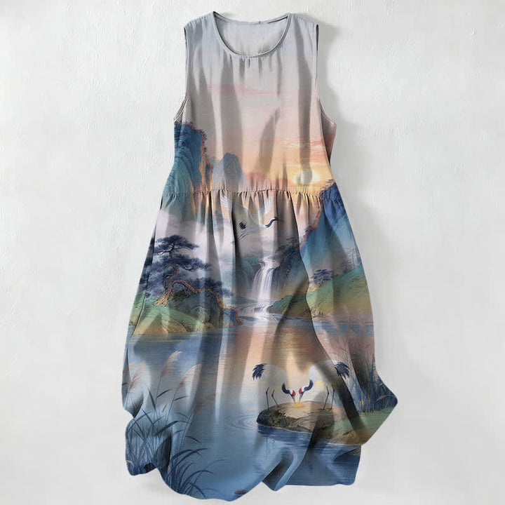 Buddha Stones Summer Casual Crane Waterfall Landscape Pattern Women's Summer Sleeveless Midi Dress With Pockets - LightSteelBlue - US16，UK/AU20，EU48 (3XL) - image 4