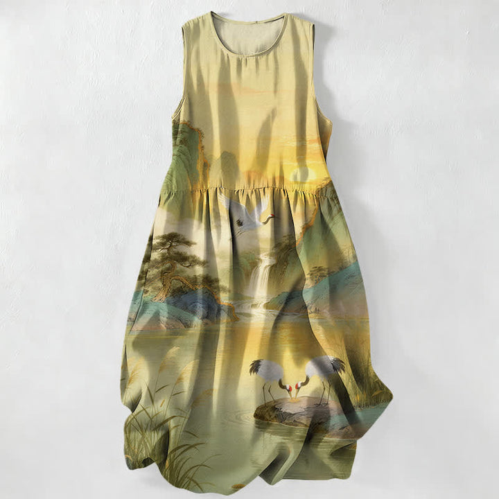 Buddha Stones Summer Casual Crane Waterfall Landscape Pattern Women's Summer Sleeveless Midi Dress With Pockets - Khaki - US16，UK/AU20，EU48 (3XL) - image 5