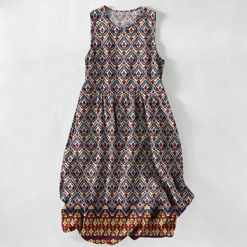 Buddha Stones Summer Casual Bohemian Ikat Geometric Pattern Women's Summer Sleeveless Midi Dress With Pockets - DarkRed - US16，UK/AU20，EU48 (3XL) - image 0