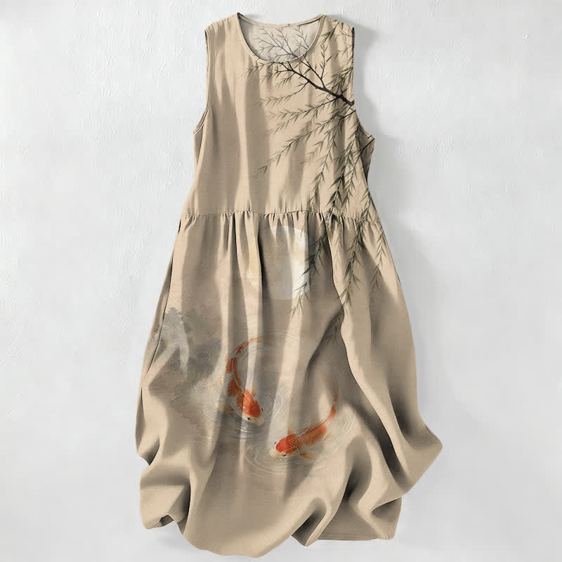 Buddha Stones Summer Casual Ink Koi Willow Pattern Women's Summer Sleeveless Midi Dress With Pockets - Tan - US16，UK/AU20，EU48 (3XL) - image 0