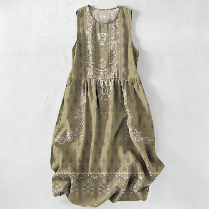 Buddha Stones Summer Casual Boho Ethnic Medallion Pattern Women's Summer Sleeveless Midi Dress With Pockets - Olive - US16，UK/AU20，EU48 (3XL) - image 4