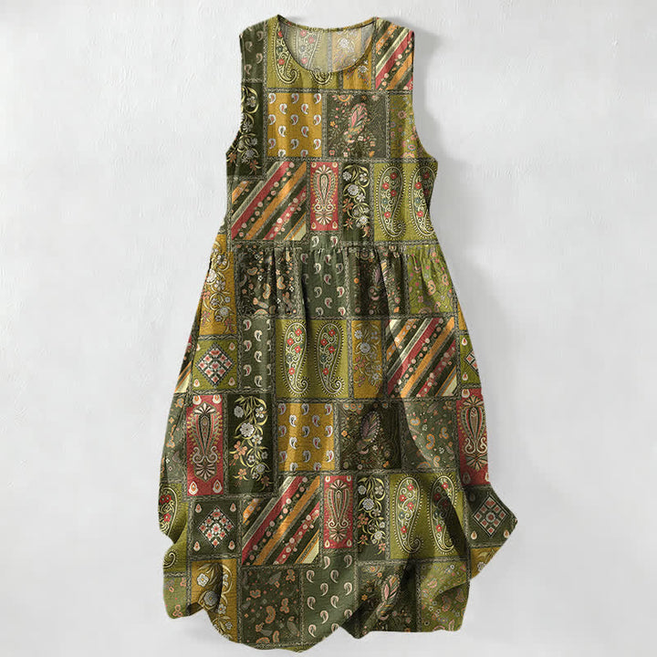 Buddha Stones Summer Casual Olive Patchwork Paisley Floral Pattern Women's Summer Sleeveless Midi Dress With Pockets - DarkKhaki - US16，UK/AU20，EU48 (3XL) - image 4
