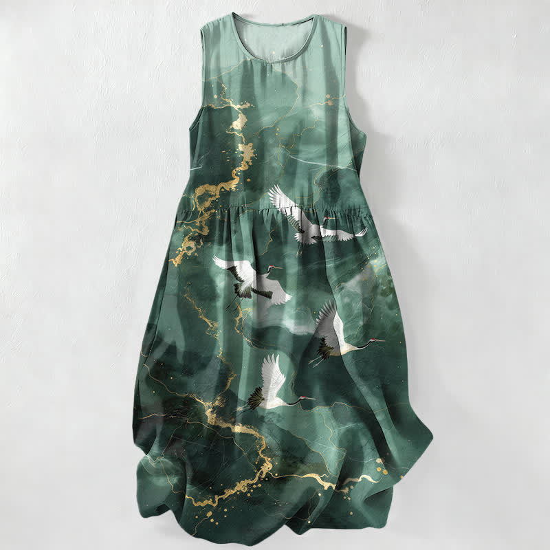 Buddha Stones Summer Casual White Crane Gold Marble Pattern Women's Summer Sleeveless Midi Dress With Pockets - ForestGreen - US16，UK/AU20，EU48 (3XL) - image 0