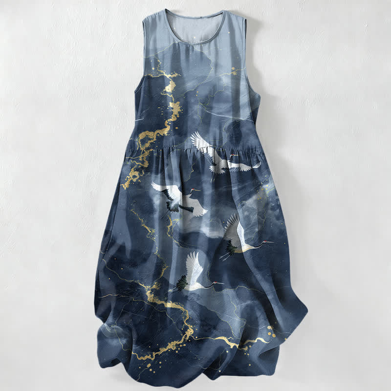 Buddha Stones Summer Casual White Crane Gold Marble Pattern Women's Summer Sleeveless Midi Dress With Pockets - Teal - US16，UK/AU20，EU48 (3XL) - image 5