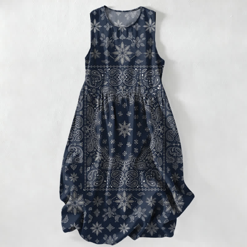 Buddha Stones Summer Casual Bandana Paisley Floral Pattern Women's Summer Sleeveless Midi Dress With Pockets - Navy - US16，UK/AU20，EU48 (3XL) - image 4