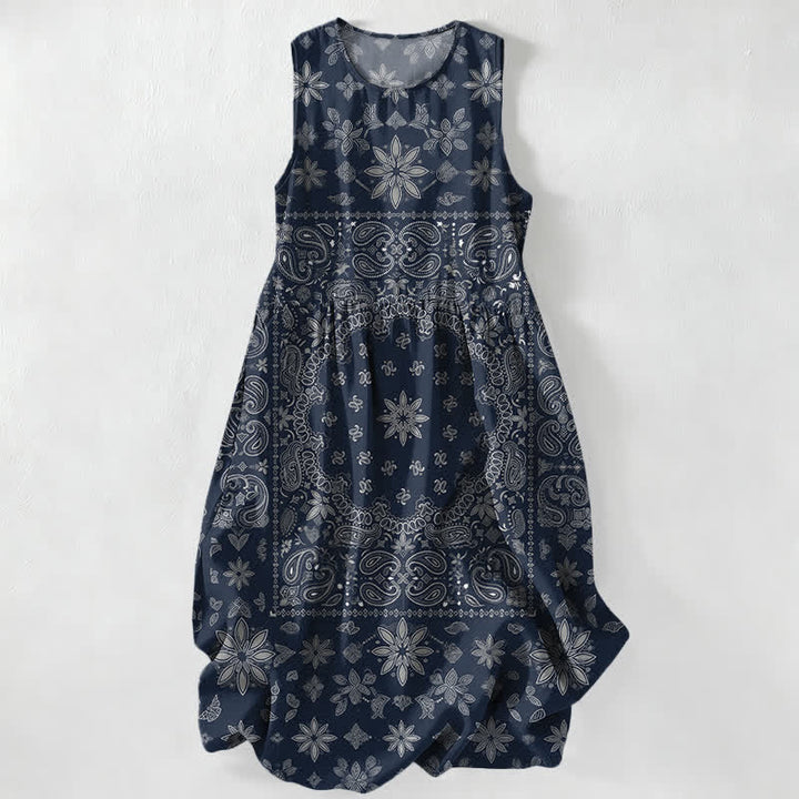 Buddha Stones Summer Casual Bandana Paisley Floral Pattern Women's Summer Sleeveless Midi Dress With Pockets - Navy - US16，UK/AU20，EU48 (3XL) - image 4