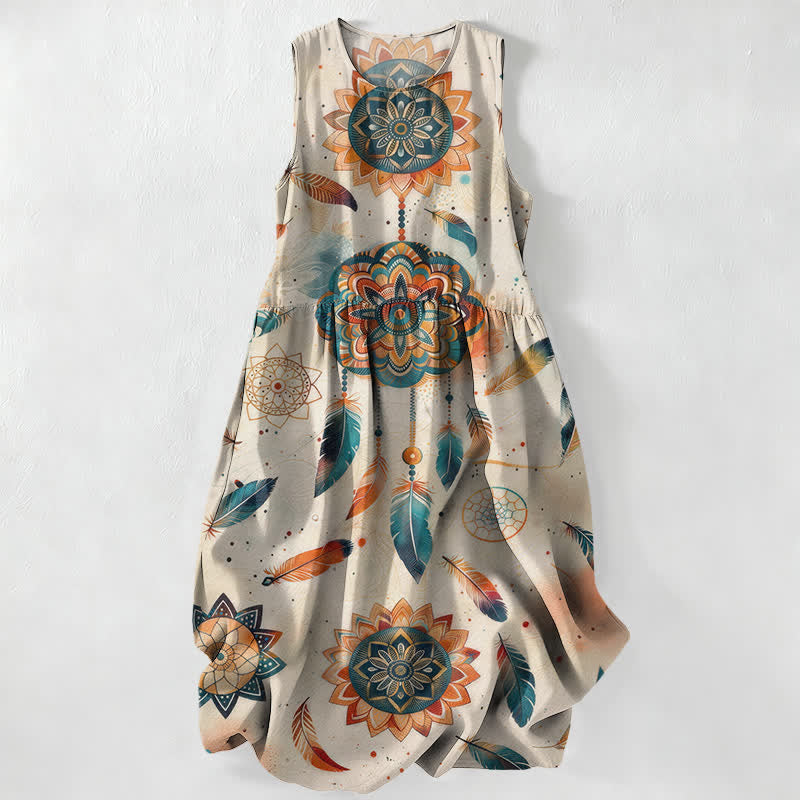 Buddha Stones Summer Casual Bohemian Mandala Feather Pattern Women's Summer Sleeveless Midi Dress With Pockets - Gainsboro - US16，UK/AU20，EU48 (3XL) - image 0