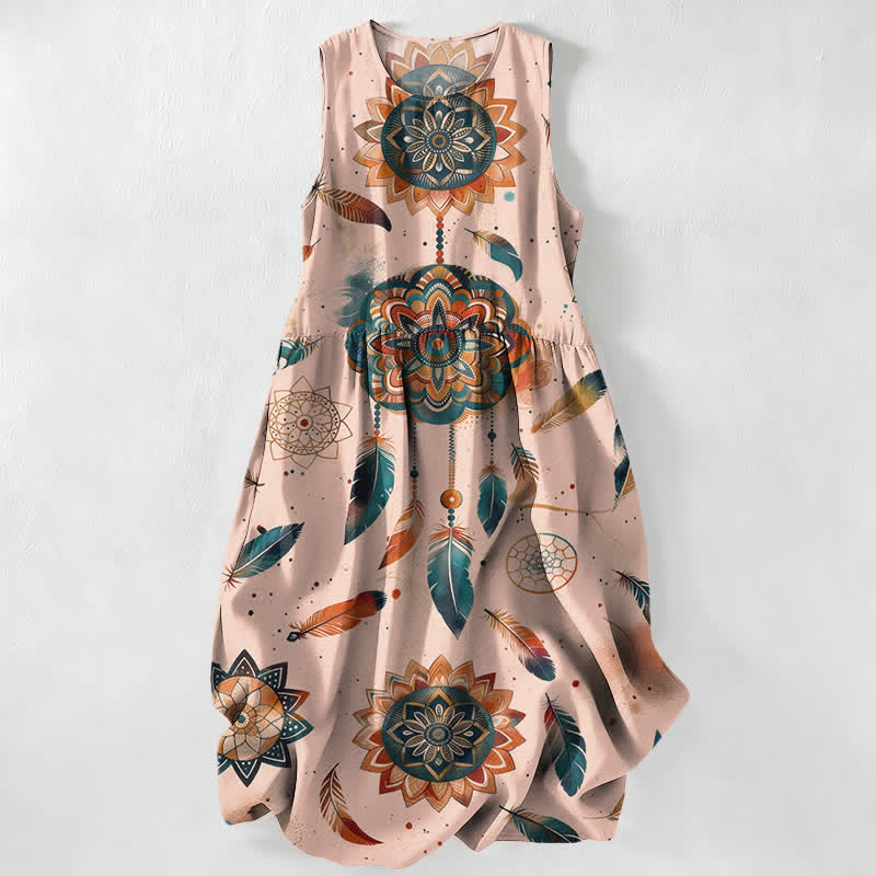 Buddha Stones Summer Casual Bohemian Mandala Feather Pattern Women's Summer Sleeveless Midi Dress With Pockets - Pink - US16，UK/AU20，EU48 (3XL) - image 5