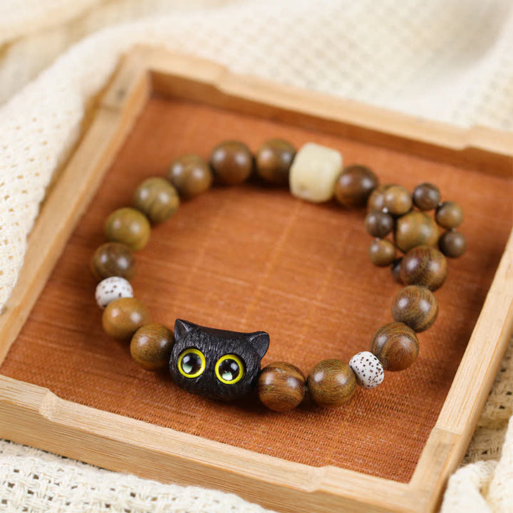 Buddha Stones Ebony Wood Lucky Cat Grounding Beaded Bracelet - Black Lucky Cat - image 0
