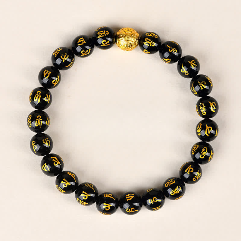 Buddha Stones Black Obsidian Om Mani Padme Hum Strength Bracelet - 8mm - image 0