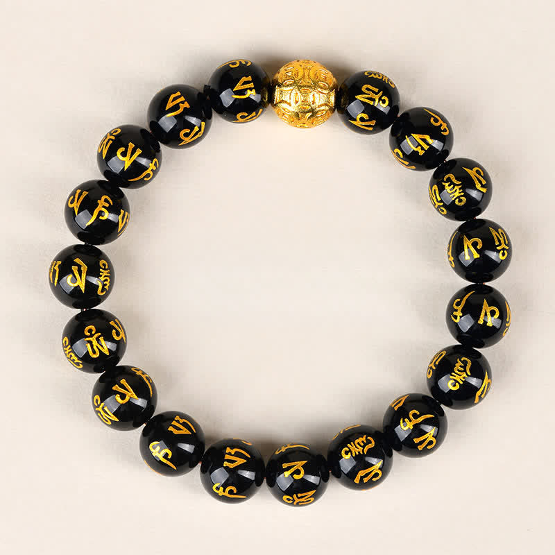 Buddha Stones Black Obsidian Om Mani Padme Hum Strength Bracelet - 10mm - image 1
