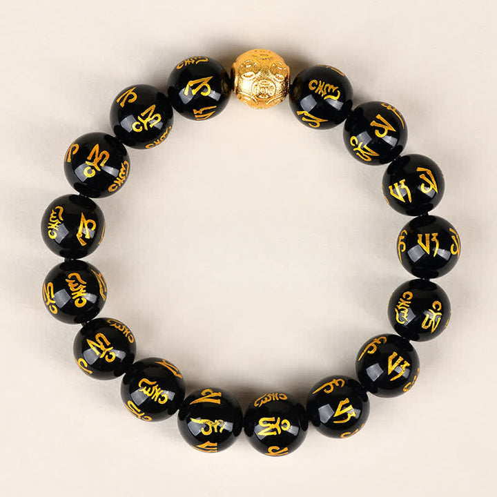 Buddha Stones Black Obsidian Om Mani Padme Hum Strength Bracelet - 12mm - image 2