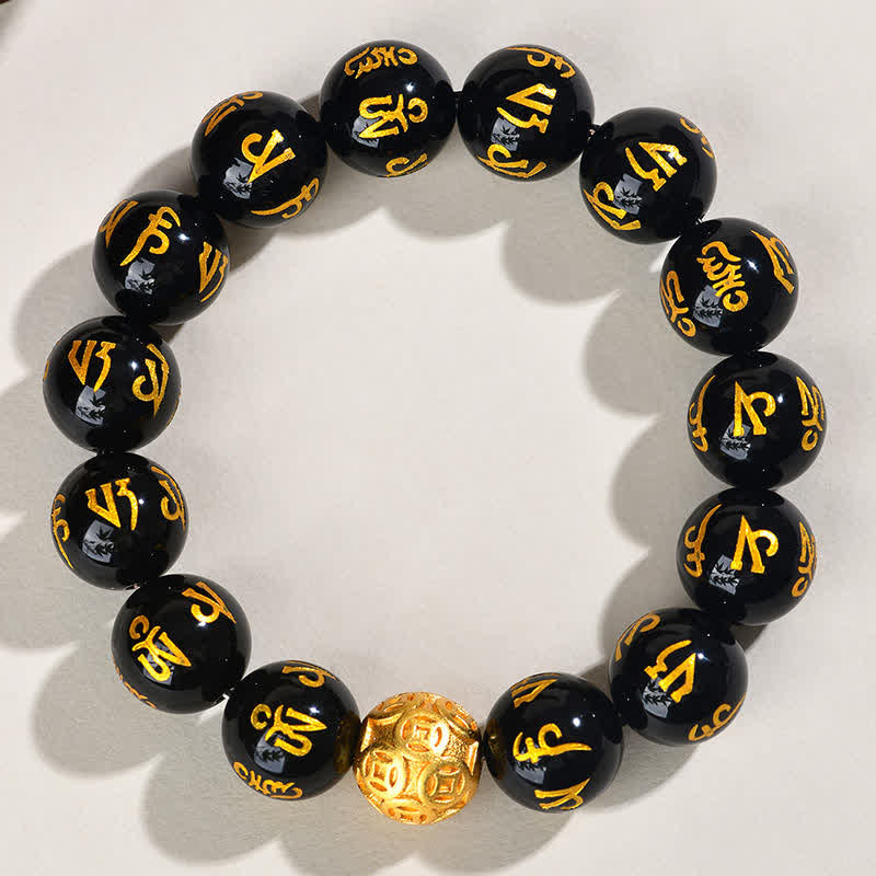 Buddha Stones Black Obsidian Om Mani Padme Hum Strength Bracelet - image 10
