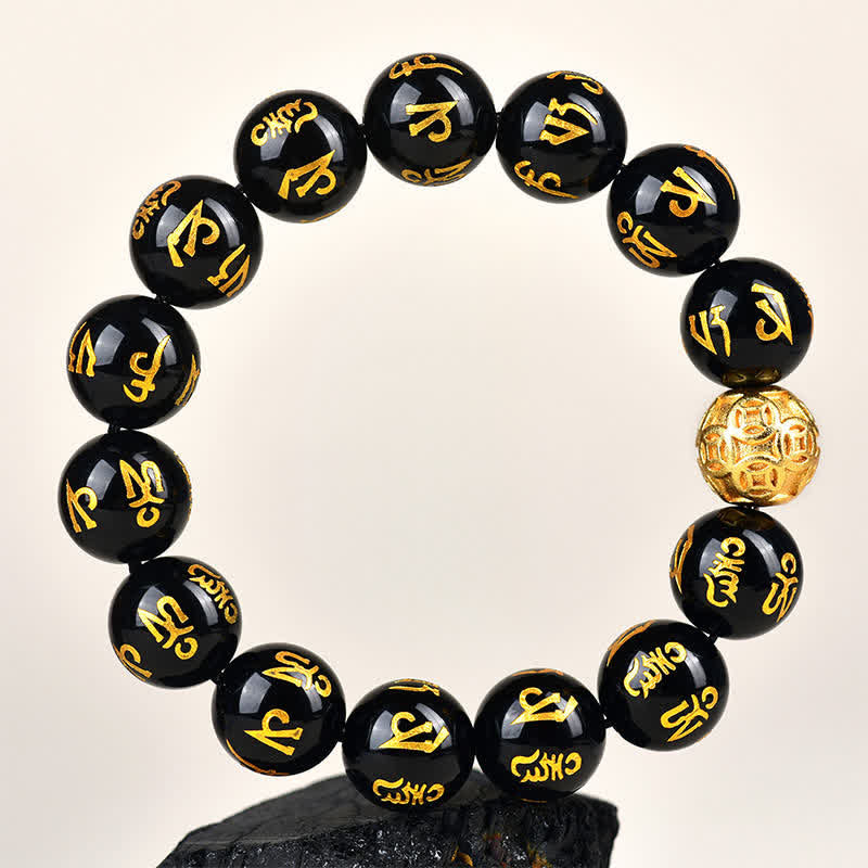 Buddha Stones Black Obsidian Om Mani Padme Hum Strength Bracelet - image 11