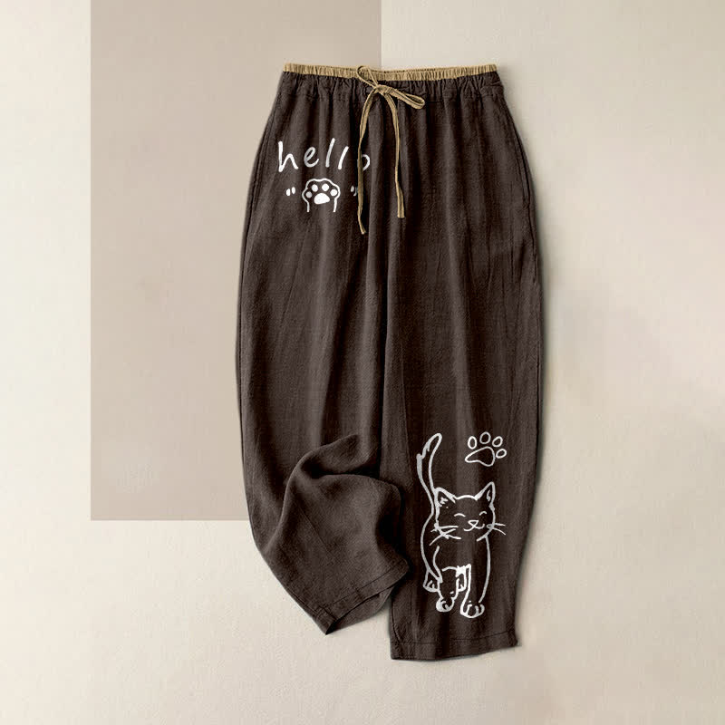 Buddha Stones Pure Cotton Hello Cat Paw Pattern Women's Elastic Waist Pants With Pockets - SaddleBrown - US16，UK/AU20，EU48 (3XL) - image 5