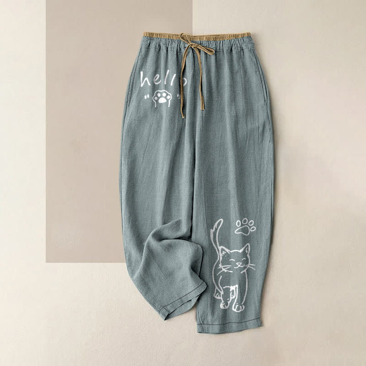 Buddha Stones Pure Cotton Hello Cat Paw Pattern Women's Elastic Waist Pants With Pockets - CadetBlue - US16，UK/AU20，EU48 (3XL) - image 4