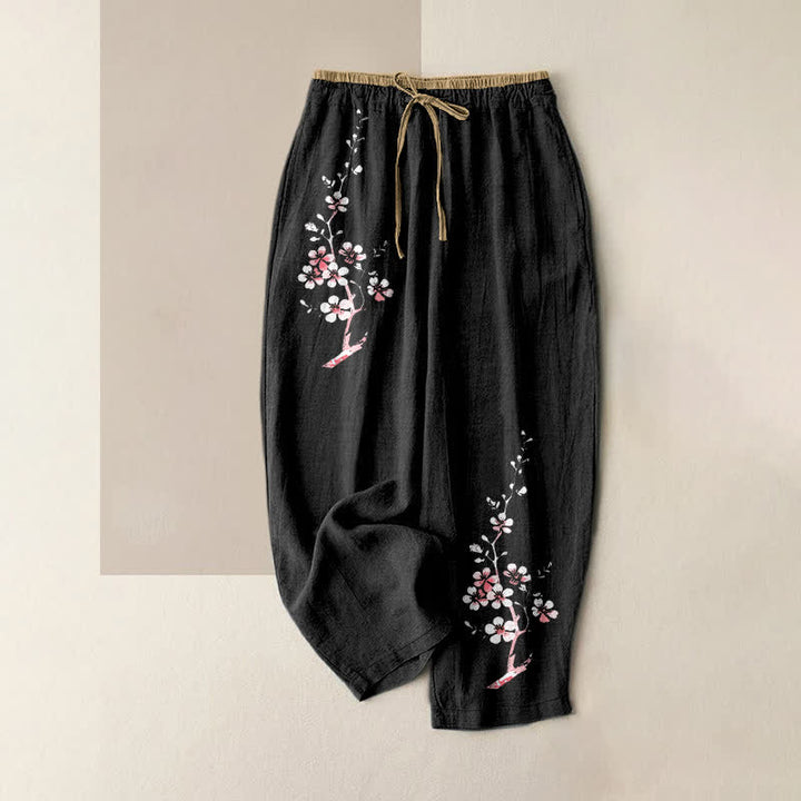 Buddha Stones Pure Cotton Oriental Blossom Branch Pattern Women's Elastic Waist Pants With Pockets - Black - US16，UK/AU20，EU48 (3XL) - image 4